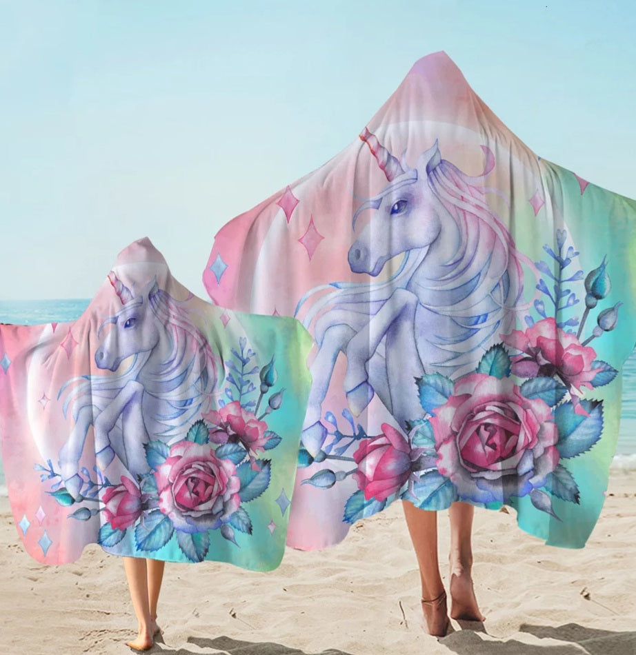 Unicorn Roses Hooded Beach Towel