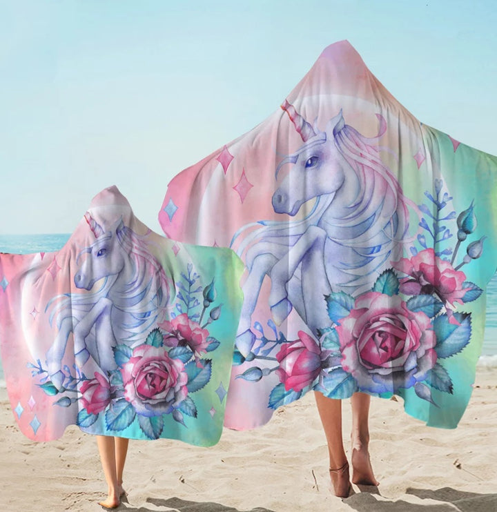 Unicorn Roses Hooded Beach Towel