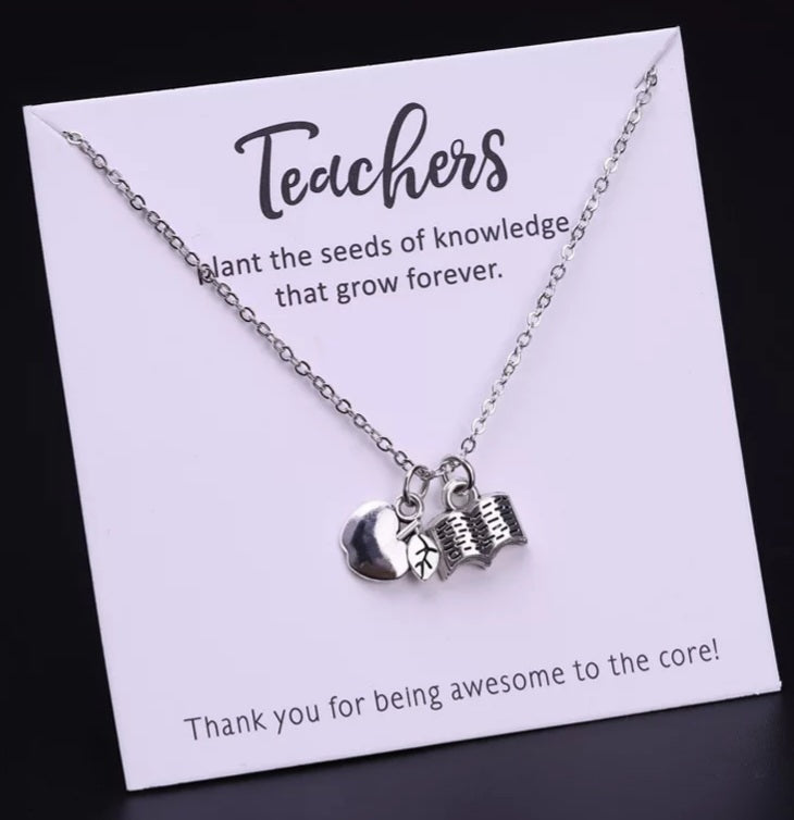Teacher Gift Card & Necklace Apple & Book