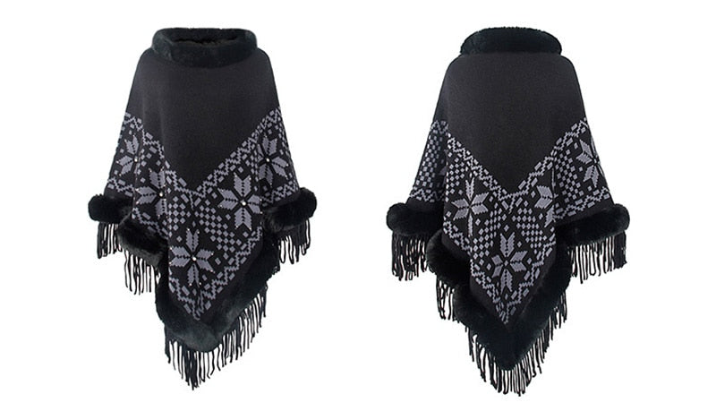 Bohemian Fringe Knit Poncho with Fur Collar