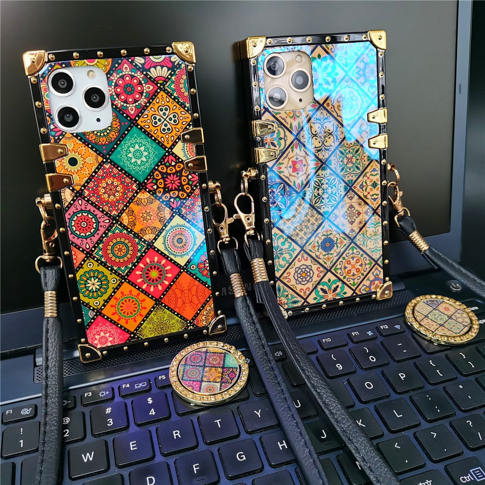Boho Floral Patchwork Square Samsung case with Ring & Strap