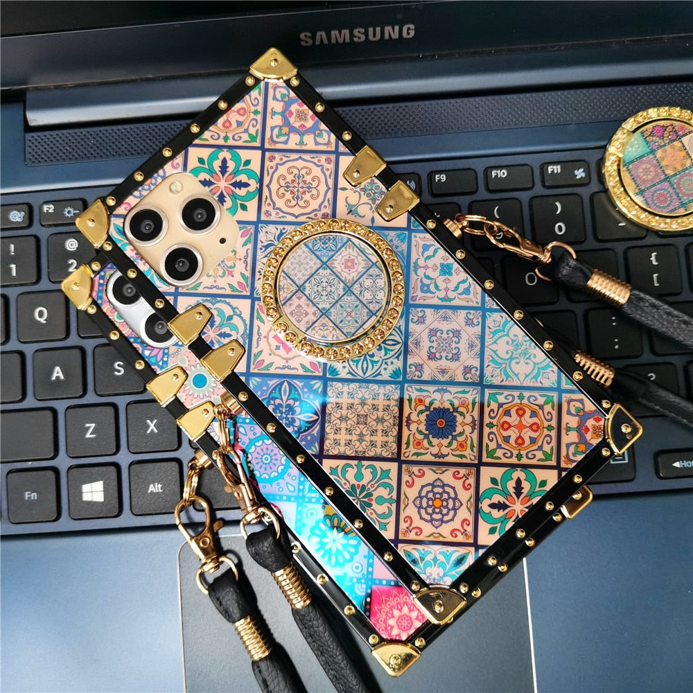 Boho Floral Patchwork Square Iphone case with Ring & Strap