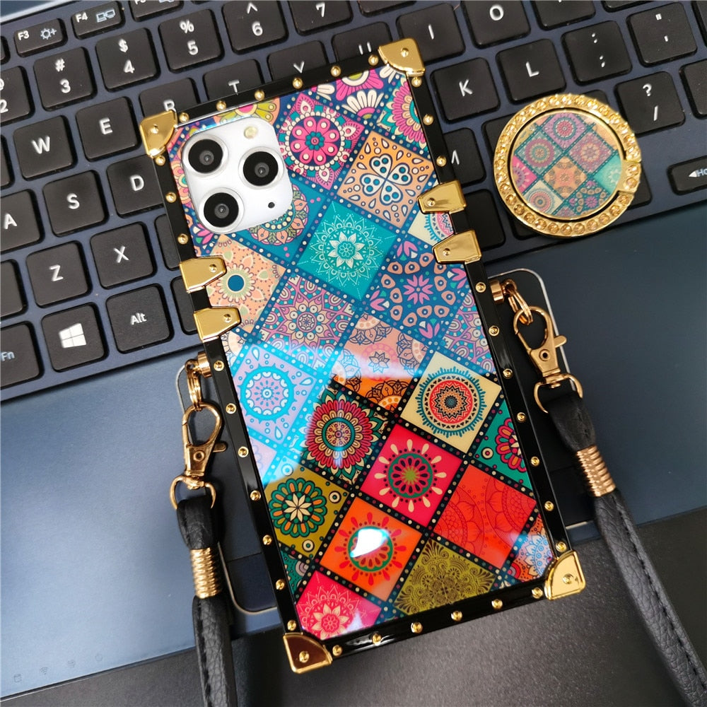 Boho Floral Patchwork Square Iphone case with Ring & Strap