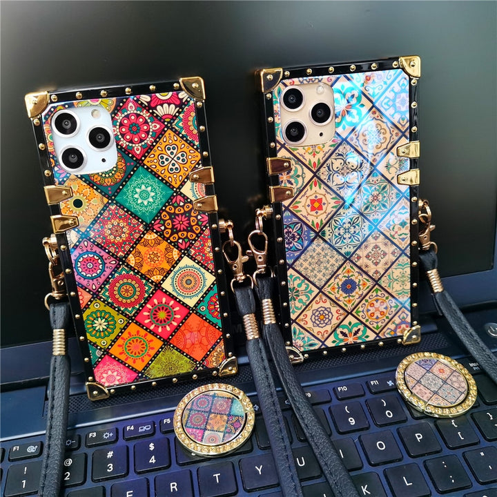 Boho Floral Patchwork Square Samsung case with Ring & Strap