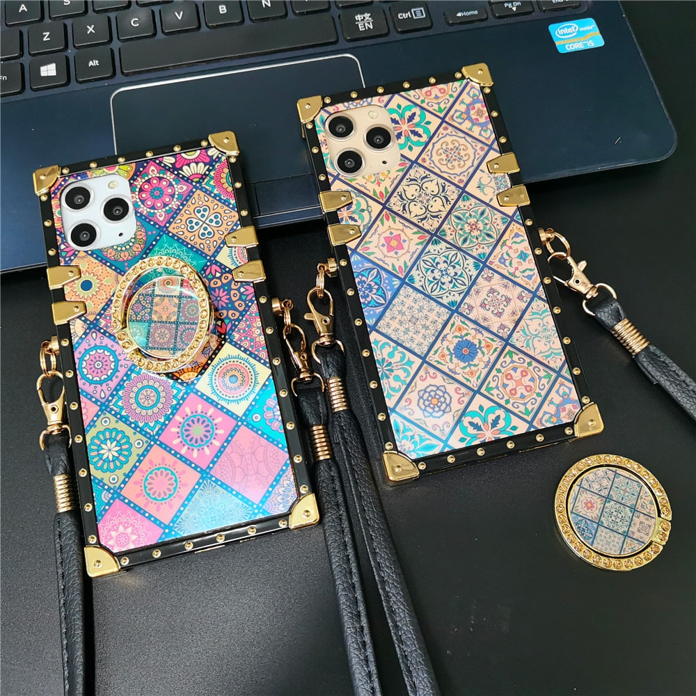 Boho Floral Patchwork Square Iphone case with Ring & Strap