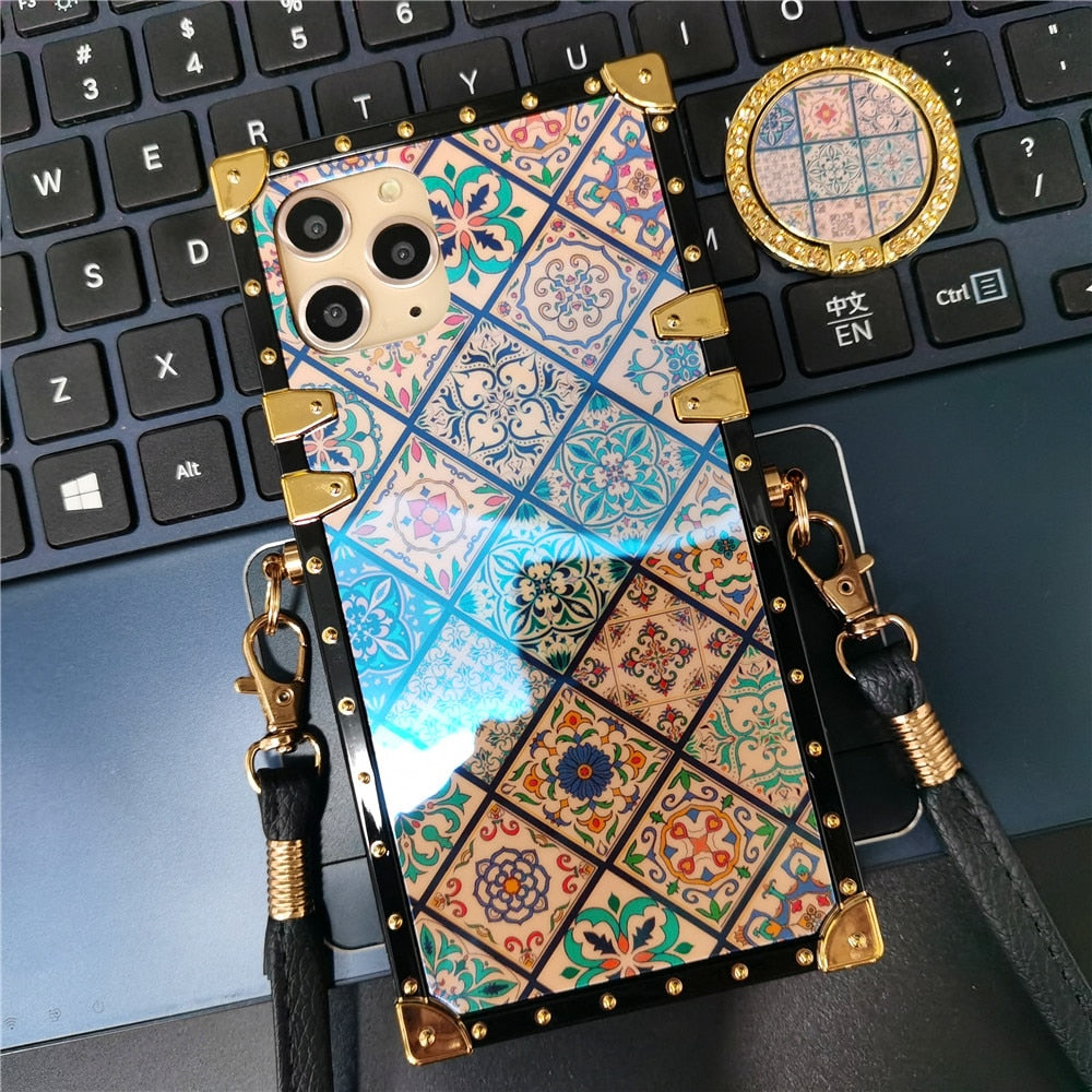 Boho Floral Patchwork Square Iphone case with Ring & Strap