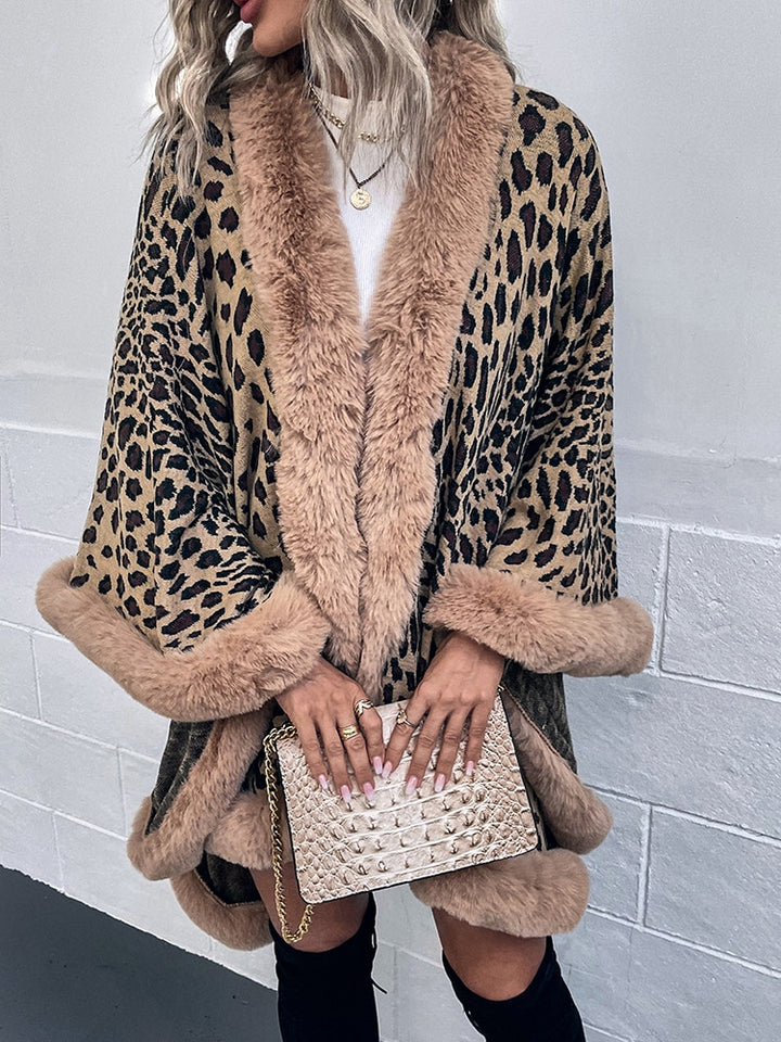Fur Collar Leopard Poncho