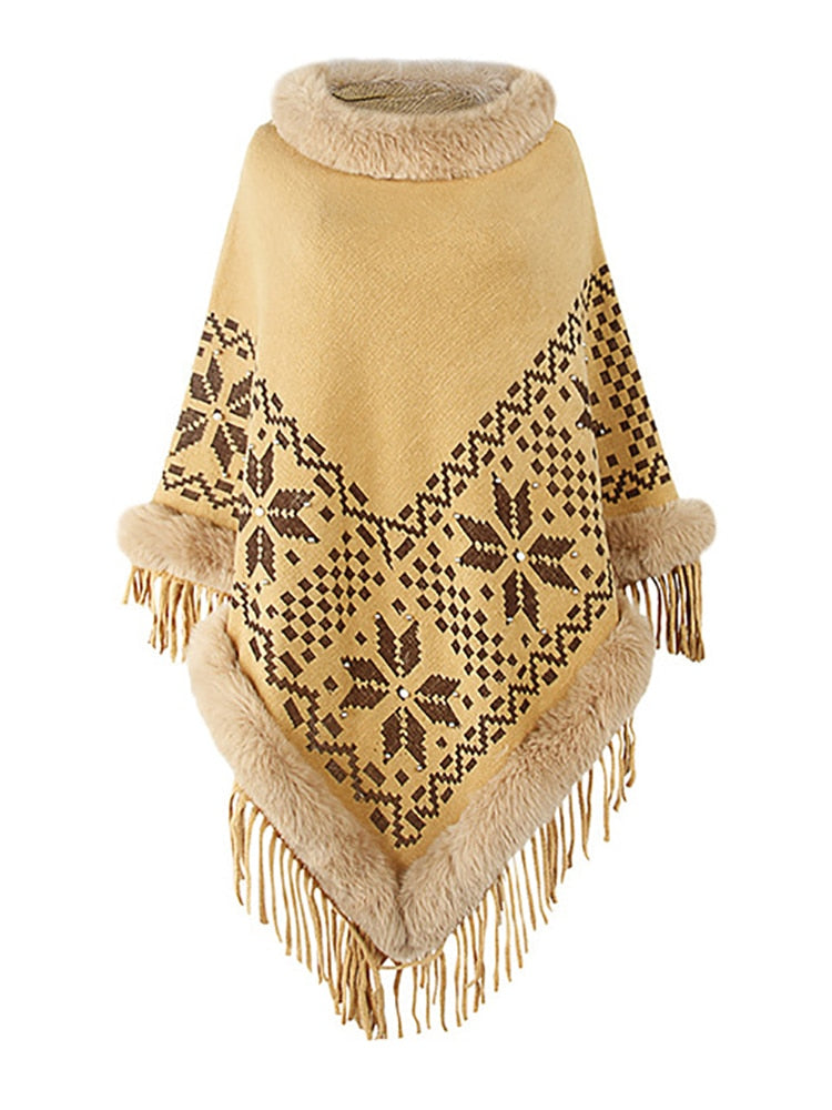Bohemian Fringe Knit Poncho with Fur Collar