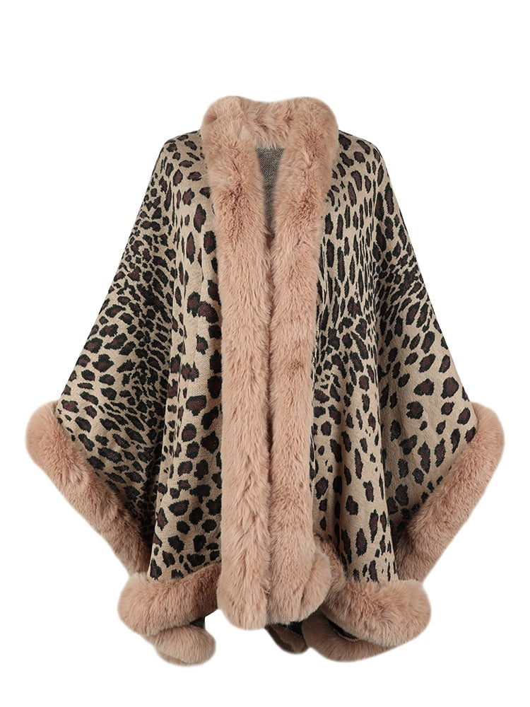 Fur Collar Leopard Poncho
