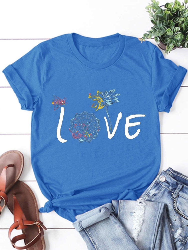 Mandala Dragonfly Love Round Neck T-Shirt-Blue