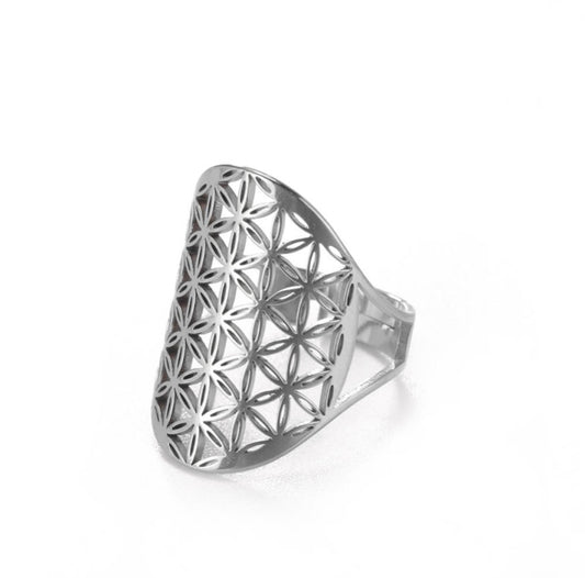 Flower of Life Stainless Steel Ring- Silver