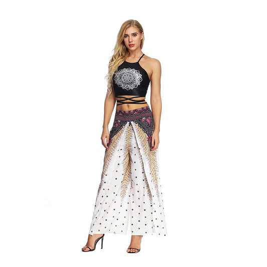 Palazzo Boho Harem Pants - White Feathers