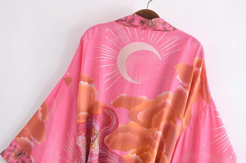 Pink Luna Floral Crescent Moon Kimono