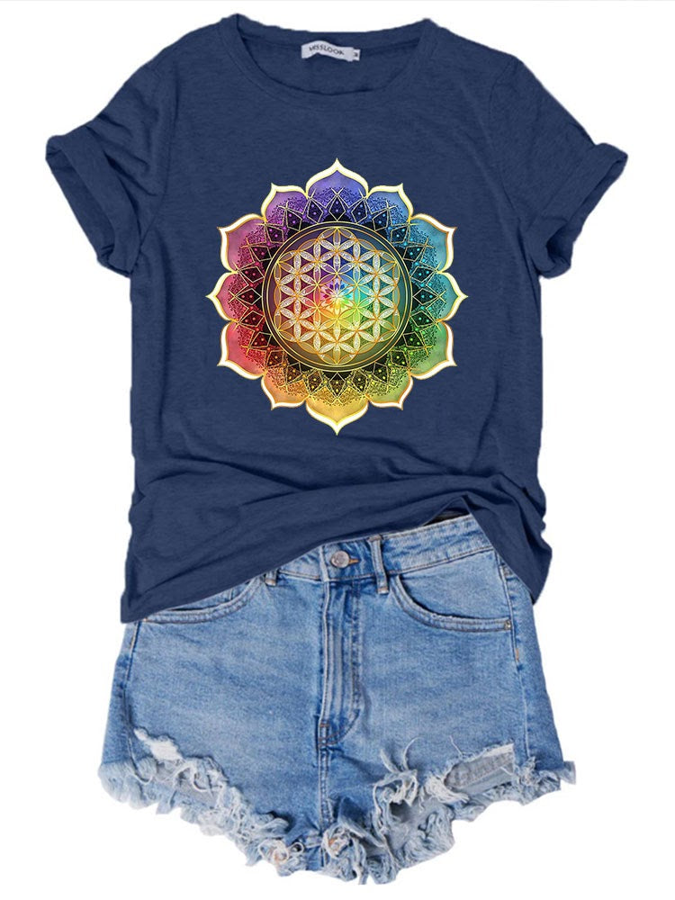 Flower of Life Mandala Round Neck T-shirt - Navy