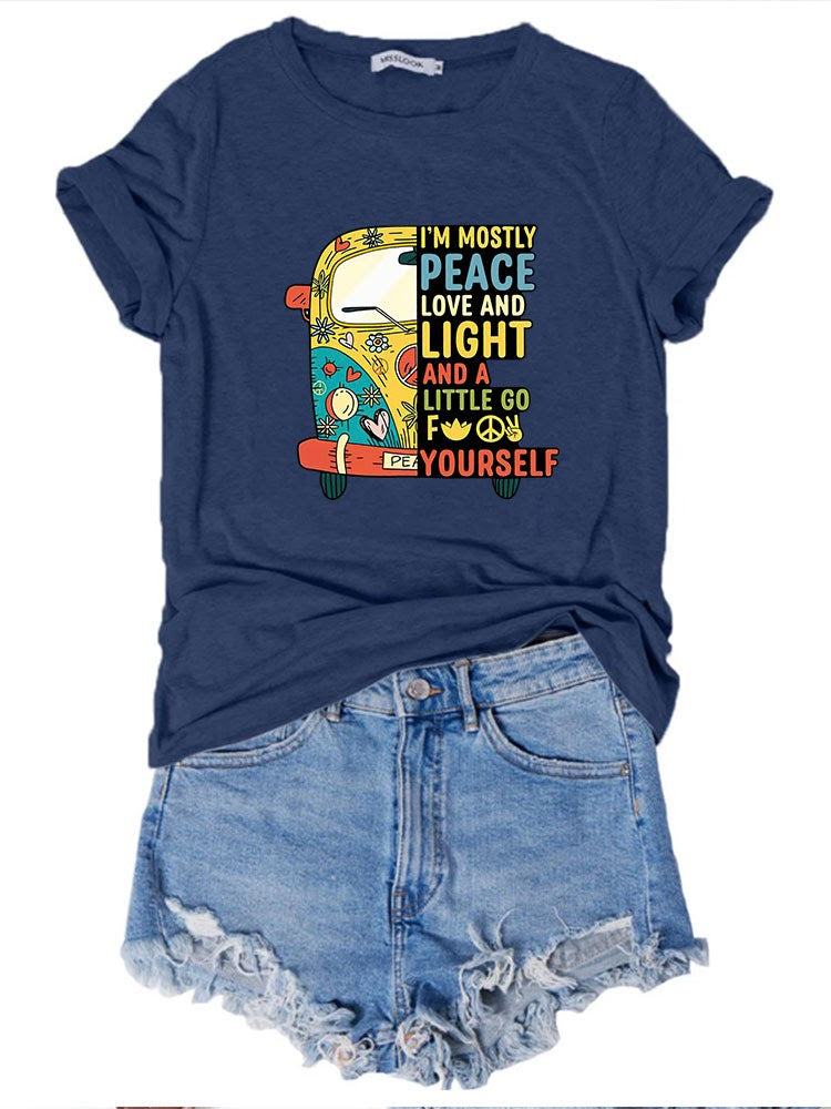 Peace ,Love & Light Hippie Bus Round Neck T-Shirt-Navy