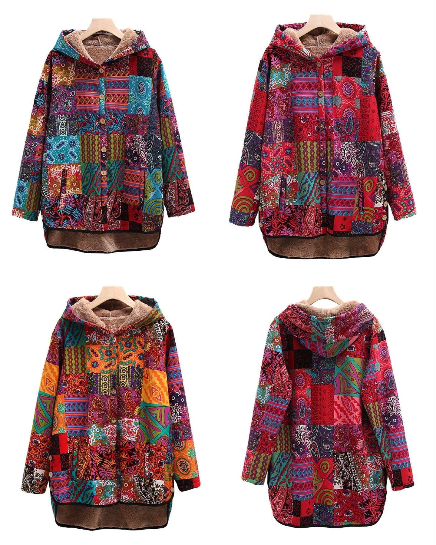 Bohemian Patchwork Button up Hooded Jacket- Red