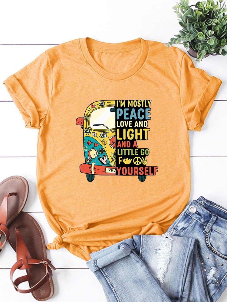 Peace, Love & Light Hippie Bus Round Neck T-Shirt-Mandarin