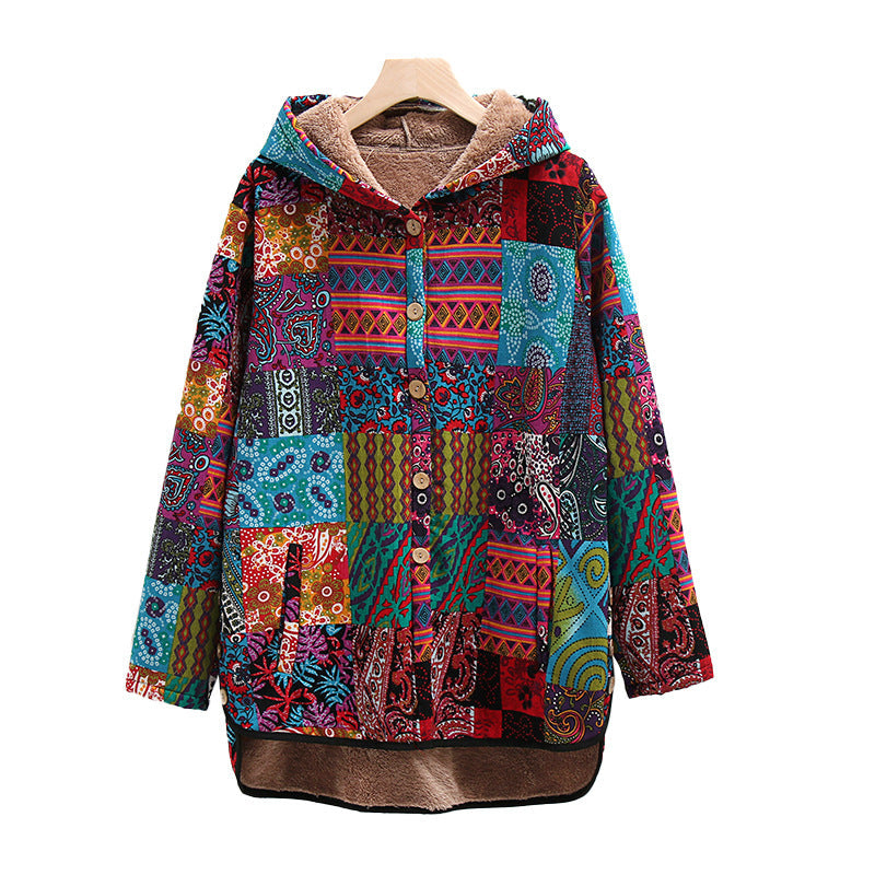 Bohemian Patchwork Button up Hooded Jacket- Blue