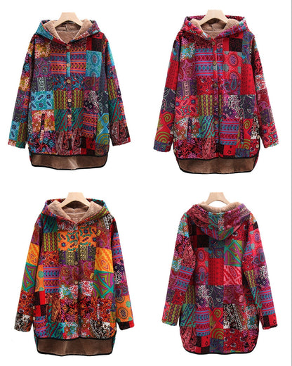Bohemian Patchwork Button up Hooded Jacket- Blue