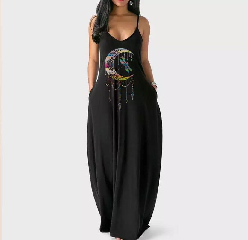 Mystic Moon Dragonfly Casual Maxi Dress
