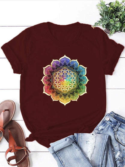 Flower of Life Mandala Round Neck T-shirt - Wine Red