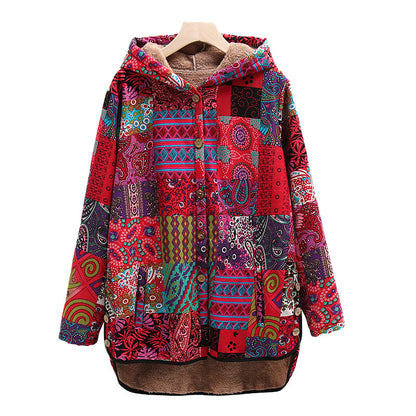 Bohemian Patchwork Button up Hooded Jacket- Red