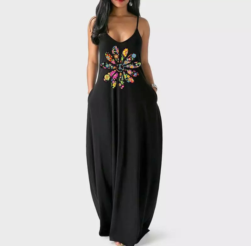 Hippie Flower Power Loose fit Maxi Dress