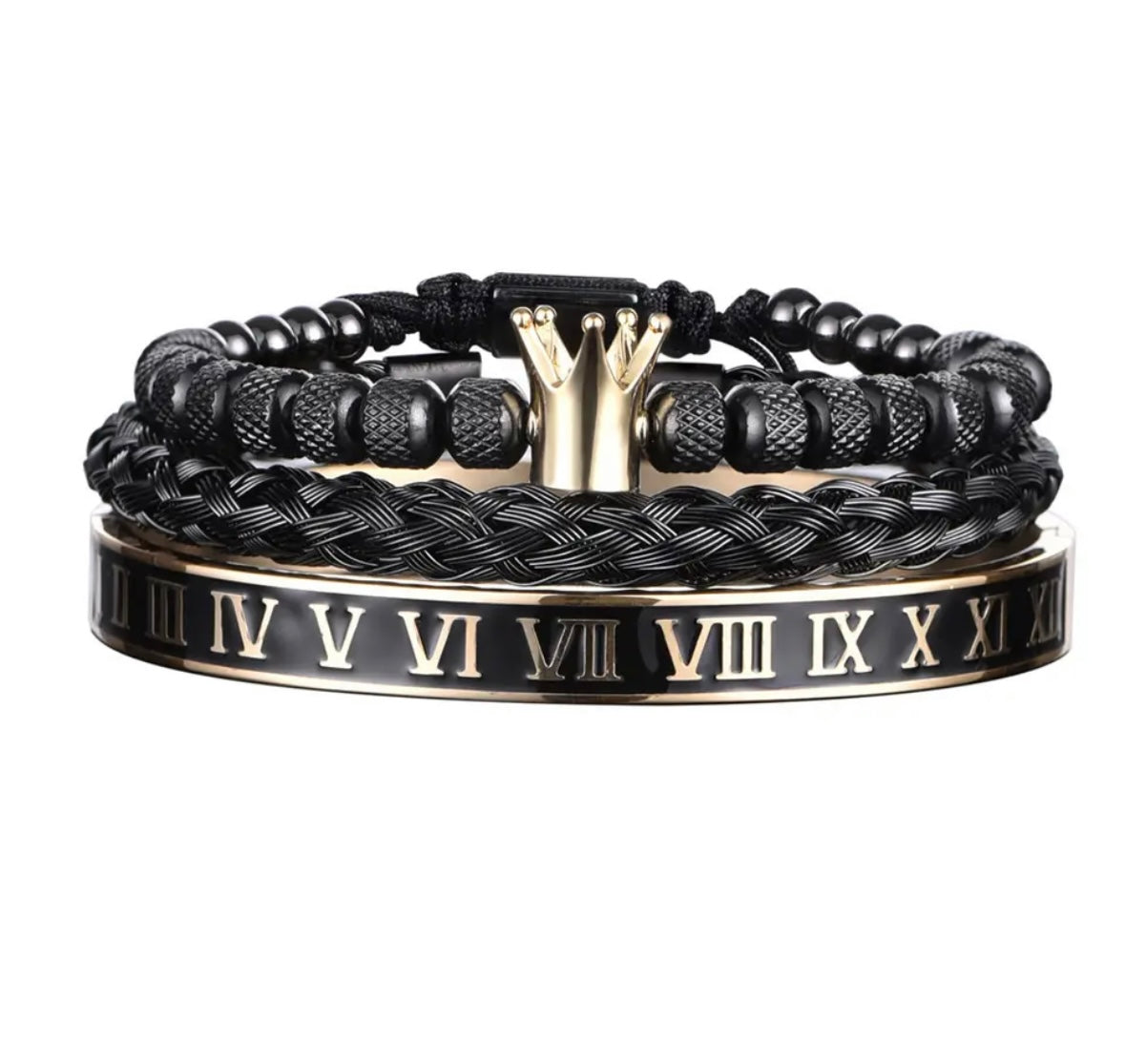 Roman Numerals Bracelet Set- Black / Gold