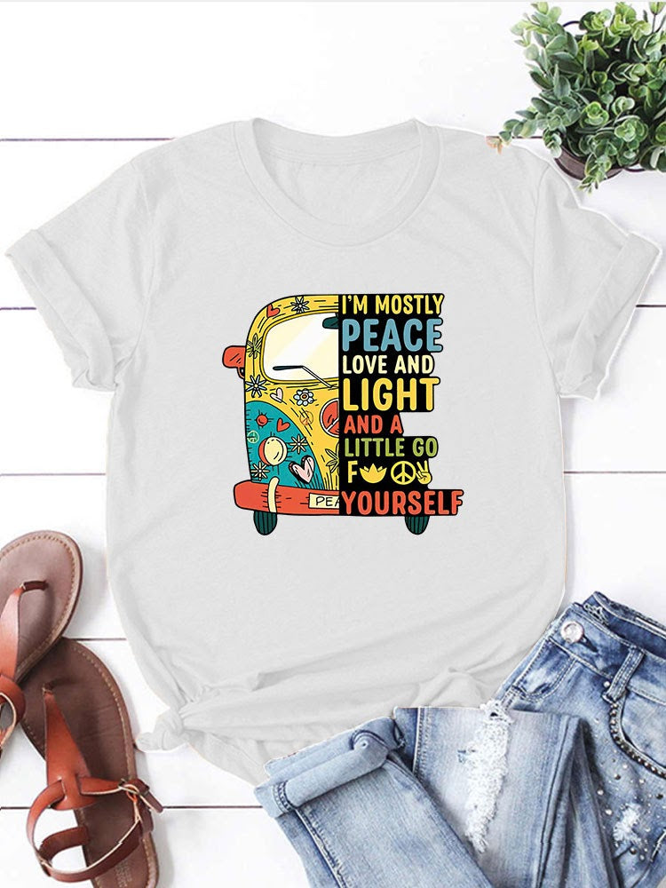 Peace,Love & Light Hippie Bus Round Neck T-Shirt- White