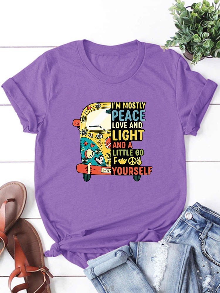 Peace, Love & Light Hippie Bus Round Neck T-Shirt-Purple