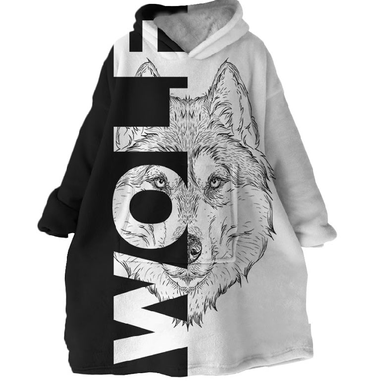 Black & White Wolf oversized Plush Hoodie