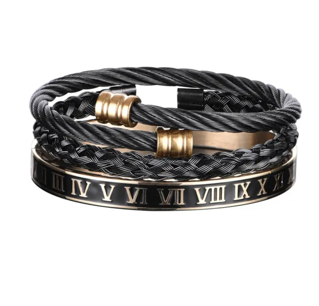 Roman Numerals Bracelet Set -Black/Gold