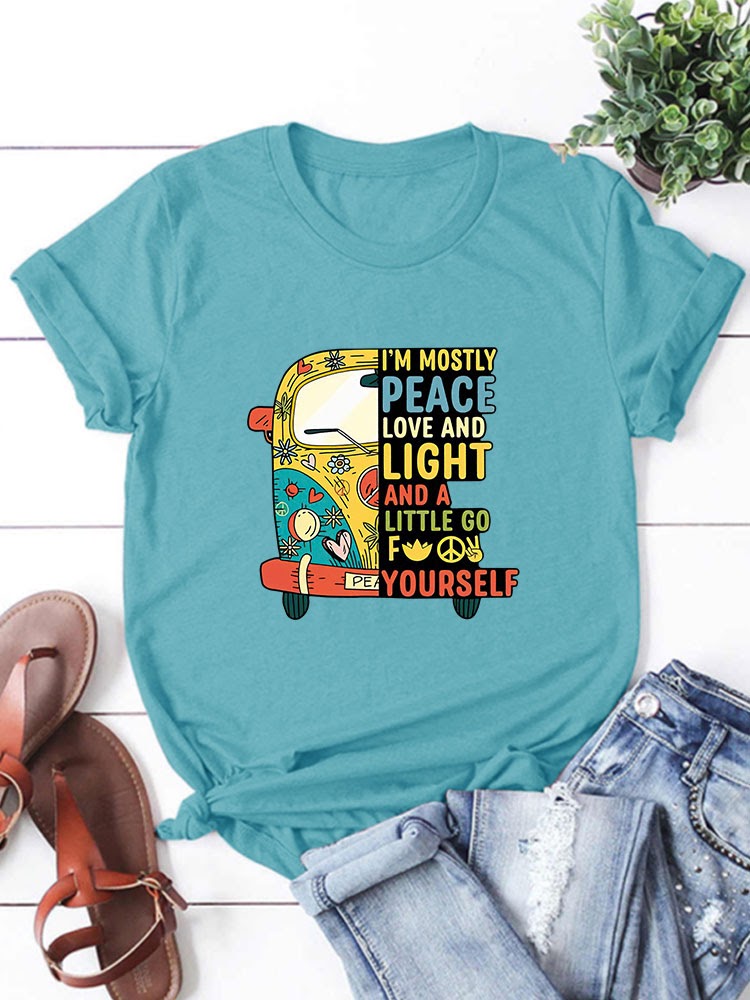 Peace, Love & Light Hippie Bus Round T-Shirt- Teal