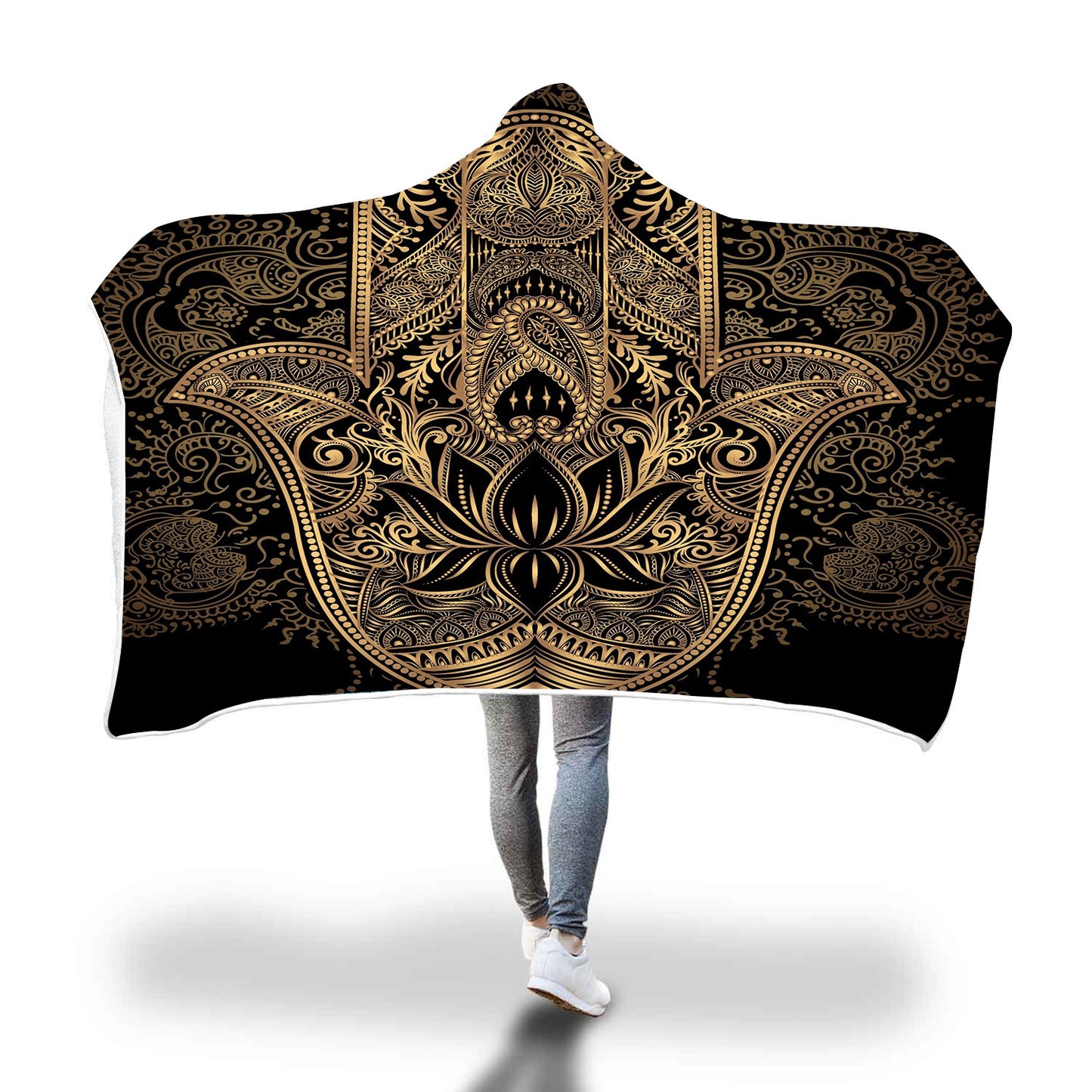 Golden Lotus Hamsa Hand Hooded Blanket