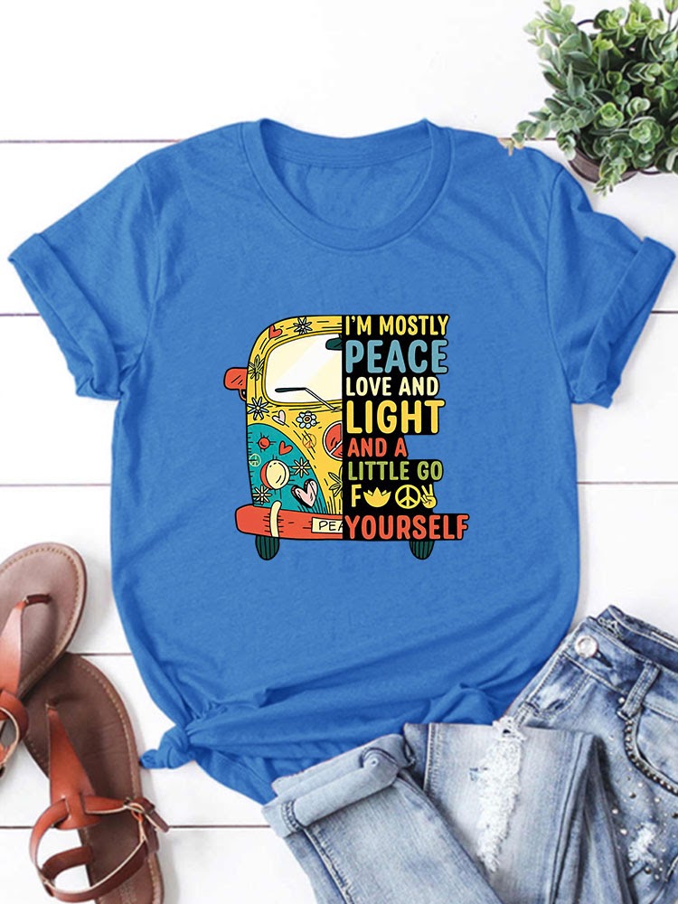 Peace,Love & Light Hippie Bus Round Neck T-Shirt-Blue