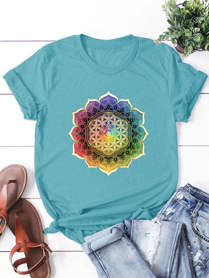 Flower of Life Mandala Round Neck  T-shirt - Teal