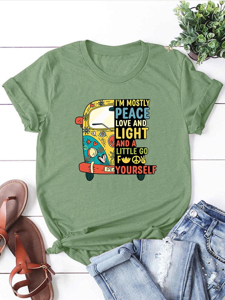 Peace ,Love & Light Hippie Bus Round Neck T-Shirt-Green