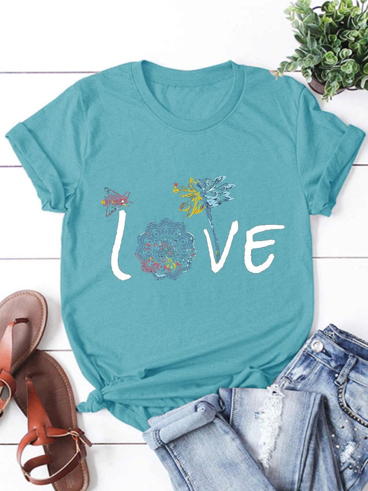 Mandala Dragonfly Love Round Neck T-Shirt- Teal