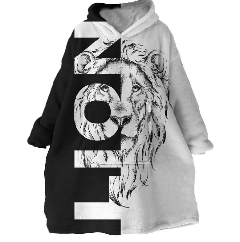 Black & White Lion oversized Plush Hoodie