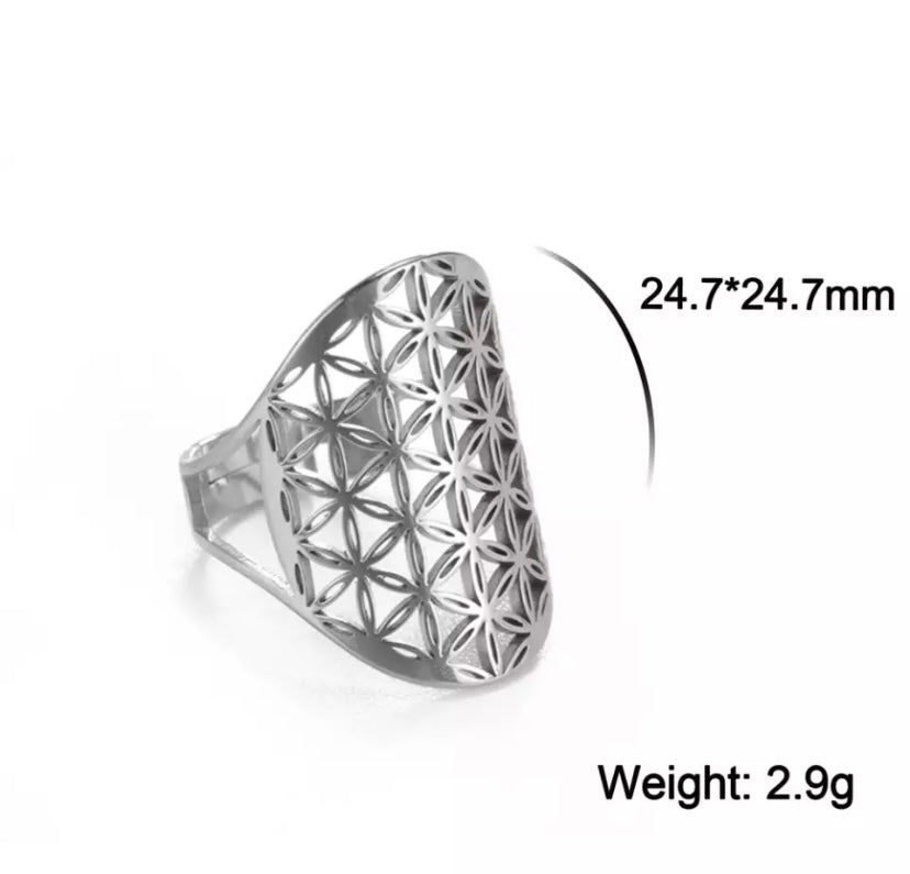 Flower of Life Stainless Steel Ring- Silver