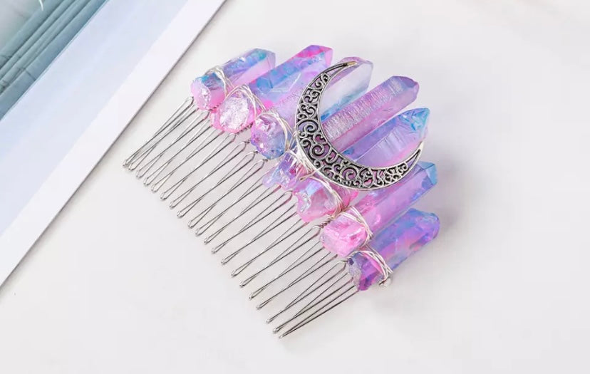 Purple Pink Aura Quartz Crystal Hair Comb