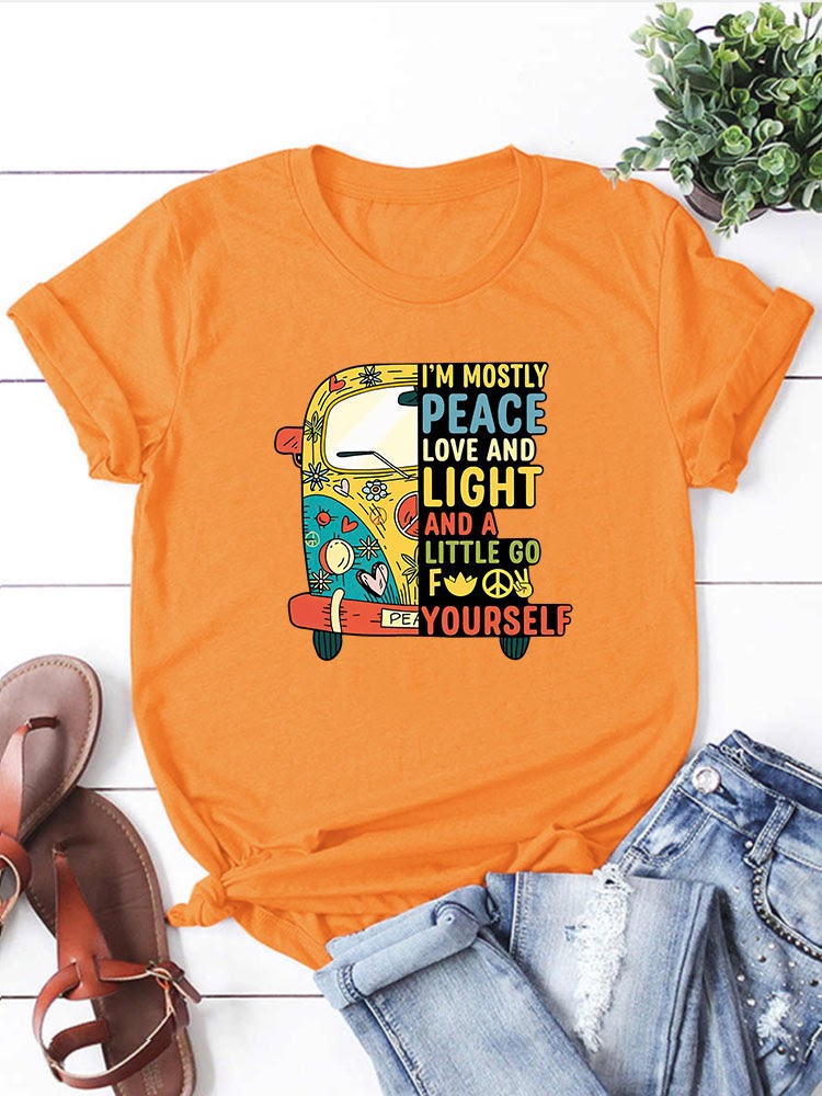 Peace, Love & Light Hippie Bus Round Neck T-Shirt-Orange