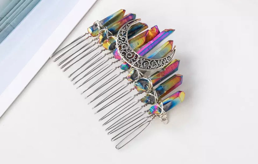 Rainbow Aura Quartz Crystal Hair Comb