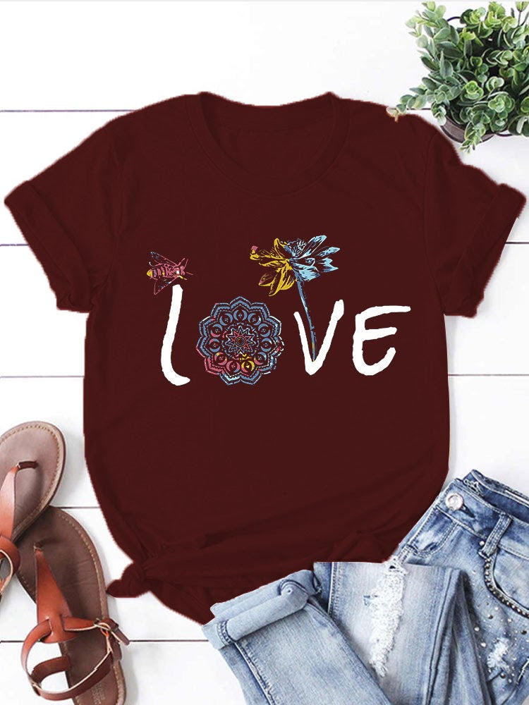 Mandala Dragonfly Love Round Neck T-Shirt-Wine Red