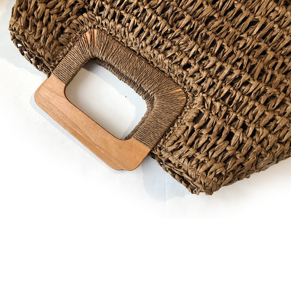 Large Straw Tote Bag with Wooden Handle