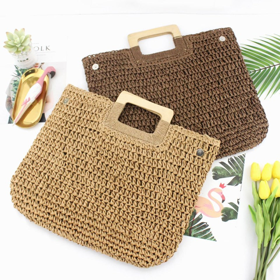 Large Straw Tote Bag with Wooden Handle