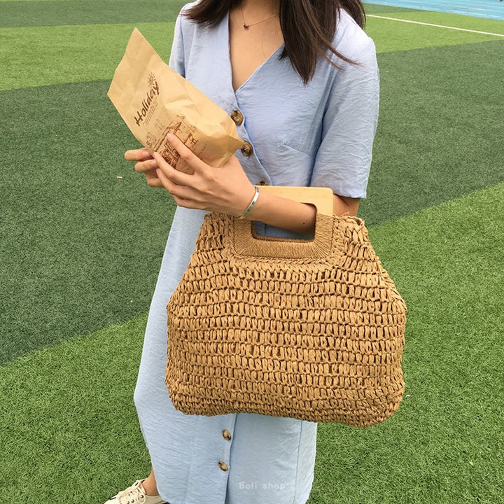 Large Straw Tote Bag with Wooden Handle