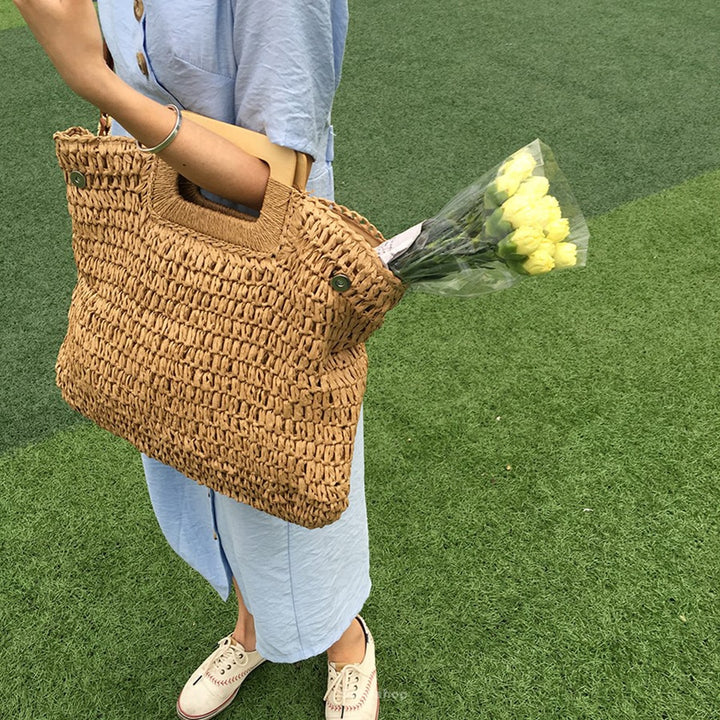 Large Straw Tote Bag with Wooden Handle