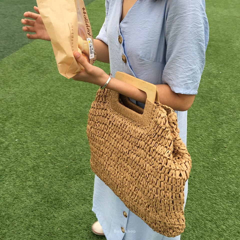 Large Straw Tote Bag with Wooden Handle