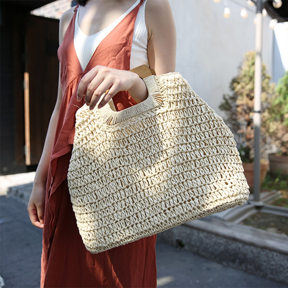 Large Straw Tote Bag with Wooden Handle